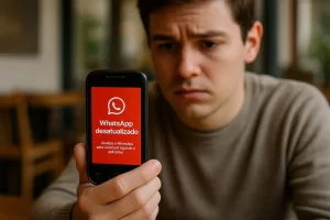 usuário preocupado olhando mensagem de atualização do WhatsApp em celular antigo
