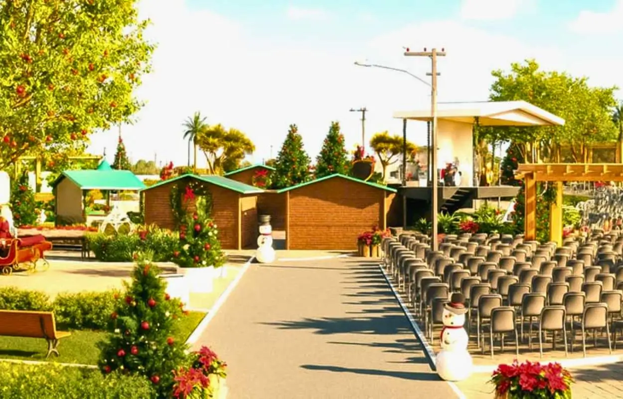 praça central decorada para vila natalina no evento Natal do Amor