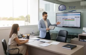 consultor da Top Financial orientando cliente durante simulação de financiamento e refinanciamento