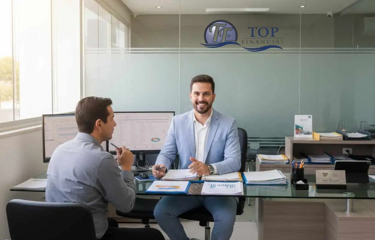 consultor financeiro da Top Financial atendendo cliente em ambiente corporativo em Rondonópolis