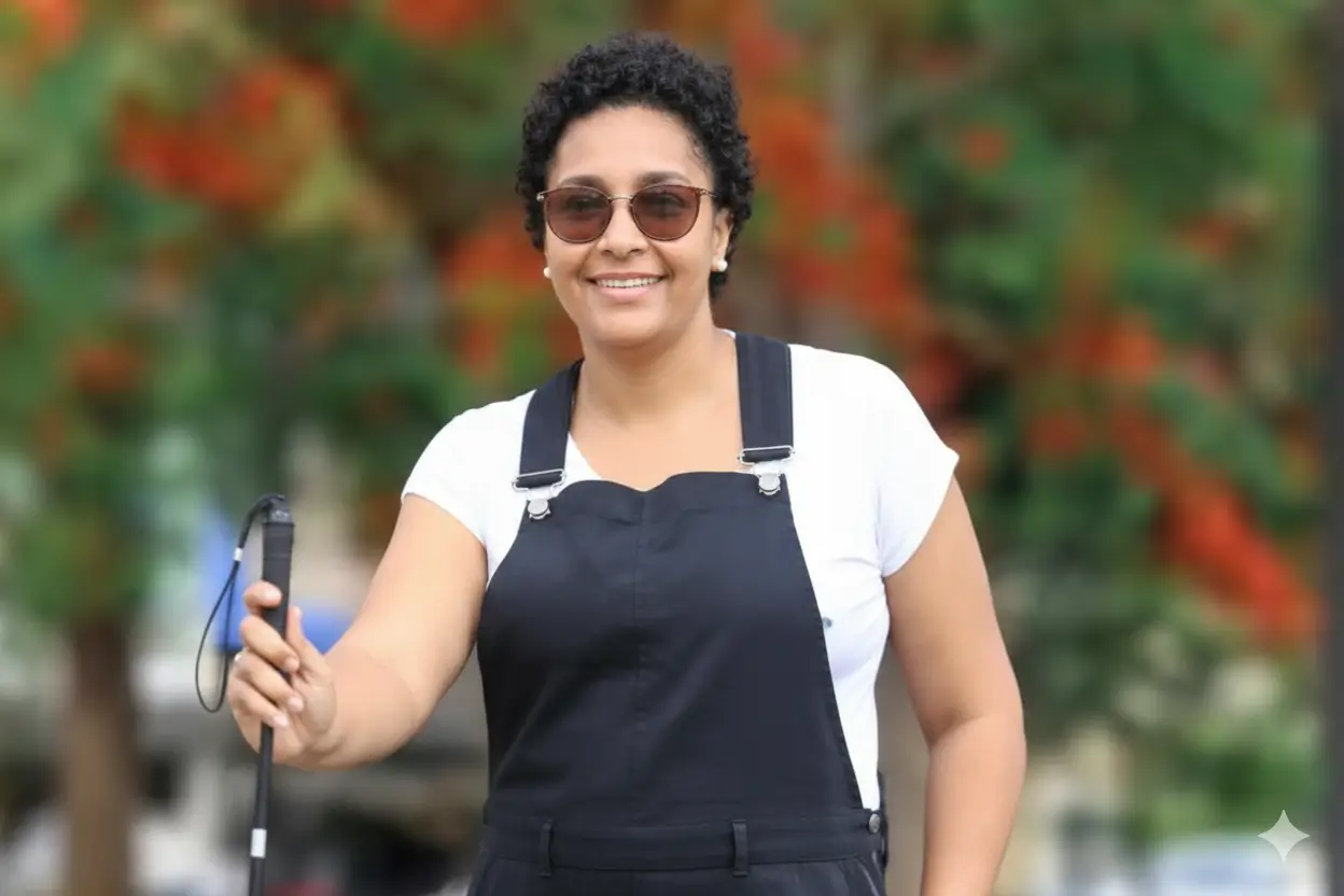 Mulher negra de cabelos curtos e cacheados, sorrindo para a foto. Ela usa óculos de sol escuros, uma camiseta branca e uma jardineira preta. Na mão direita, ela segura uma bengala guia para pessoas com deficiência visual. Ao fundo, uma paisagem levemente desfocada com árvores e flores avermelhadas.