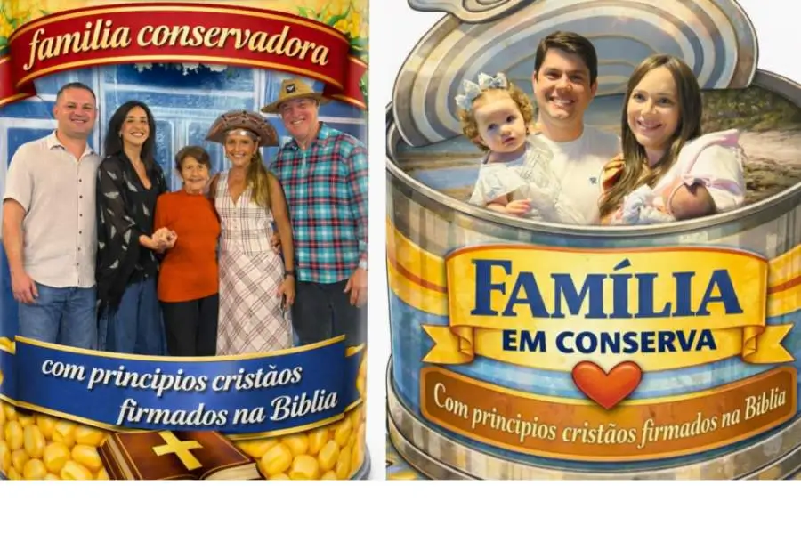 Montagem composta por duas imagens que utilizam o trocadilho visual de "família conservadora" com "família em conserva". À esquerda, uma lata de milho com o rótulo "família conservadora", exibindo a foto de cinco adultos sorridentes. À direita, uma lata de metal aberta com o rótulo "Família em conserva", de onde saem um casal e uma criança pequena. Ambas trazem a frase: "com princípios cristãos firmados na Bíblia".