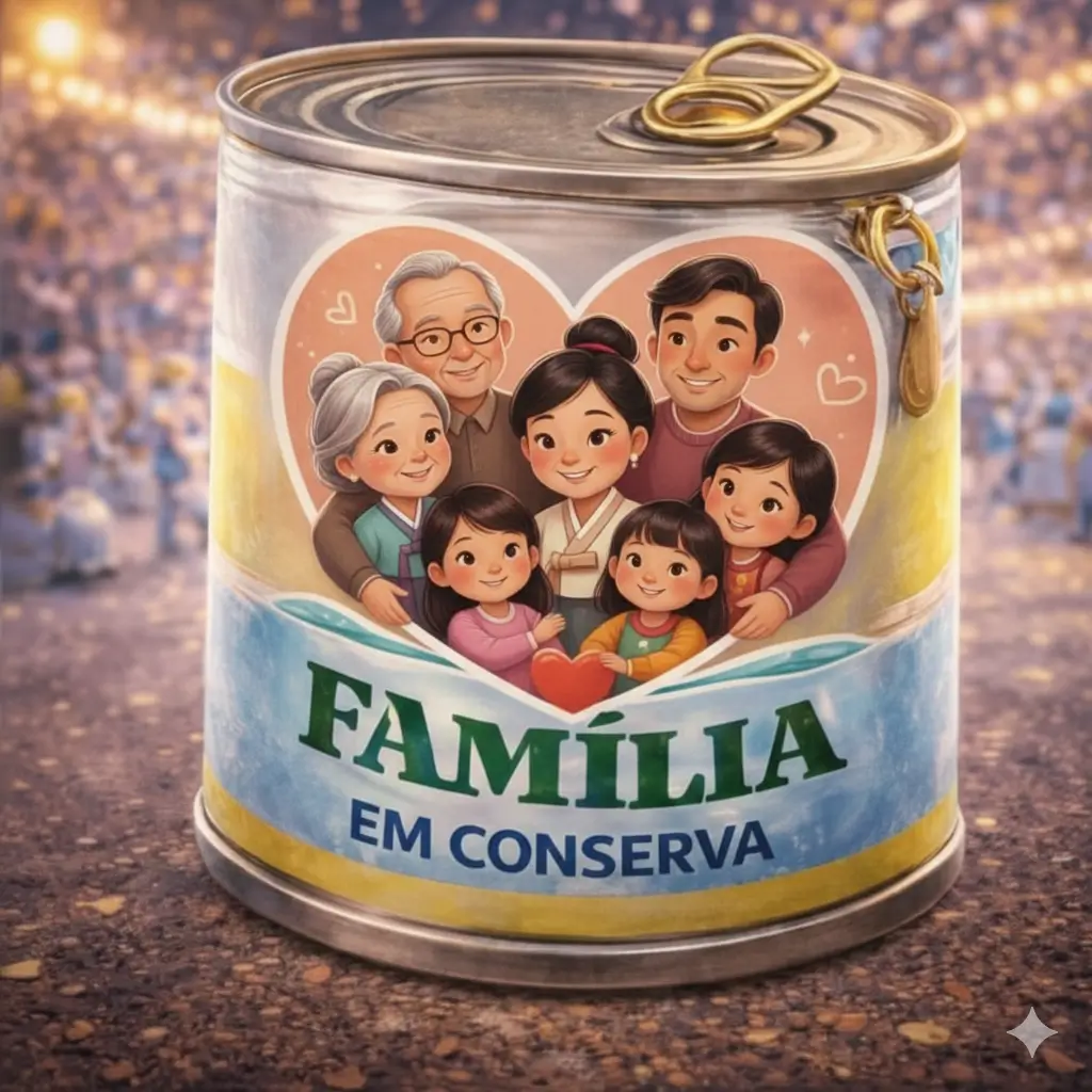 Ilustração digital de uma lata de conserva metálica realista com um rótulo personalizado. No rótulo, há uma imagem estilizada de uma família sorridente e o texto "FAMÍLIA EM CONSERVA". O fundo é desfocado, sugerindo um ambiente festivo com luzes.