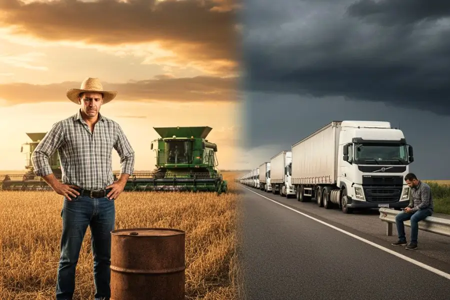 Imagem dividida verticalmente em dois cenários contrastantes. À esquerda, um produtor rural de chapéu e camisa xadrez está em uma lavoura de soja, olhando para baixo com expressão de preocupação e tristeza, ao lado de um tambor de combustível vazio e colheitadeiras ao fundo sob um céu de fim de tarde. À direita, sob um céu escuro e carregado de tempestade, um caminhoneiro está sentado no acostamento de uma rodovia, também com expressão desolada, próximo a uma longa fila de caminhões parados, simbolizando o desabastecimento.