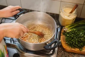 Mãos femininas refogando alho triturado dourado em panela grande com óleo quente para farofa