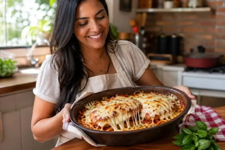 Mulher brasileira sorridente servindo parmigiana de frango recheada com muçarela e espaguete ao molho vermelho em travessa rústica