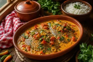 Filé de tilápia com leite de coco servido em prato fundo com molho cremoso, tomate, cheiro verde e pimenta de cheiro