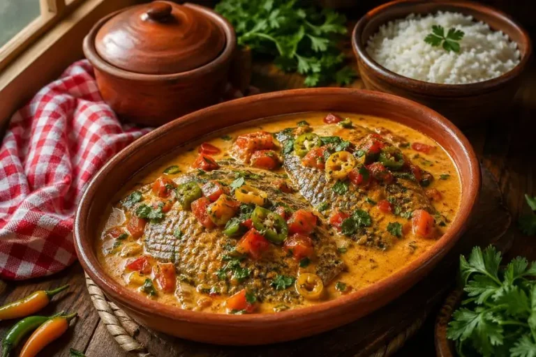 Filé de tilápia com leite de coco servido em prato fundo com molho cremoso, tomate, cheiro verde e pimenta de cheiro