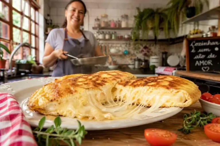 Omelete para marmita dourado e recheado com mussarela derretida sendo servido em prato branco