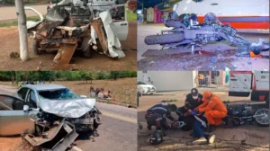 Composição fotográfica em quatro quadros exibindo cenas de acidentes reais para conscientização. À esquerda, dois carros aparecem com as frentes destruídas após colisões. No canto superior direito, uma motocicleta está caída no asfalto com destroços espalhados. No canto inferior direito, uma equipe de socorristas do SAMU presta atendimento a uma vítima caída no chão.
