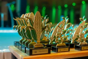 otografia em close-up de vários troféus dourados do Prêmio Aprosoja MT 2025 alinhados sobre uma mesa de madeira clara. Os troféus têm o formato estilizado de uma espiga de milho com folhas na base, assentados sobre uma base retangular preta com uma placa dourada de identificação. O fundo da imagem está desfocado, exibindo luzes decorativas em tons de verde e azul, típicas de um ambiente de evento ou premiação.