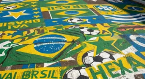 Fotografia em plano detalhe e ângulo diagonal focando na textura do asfalto de uma rua pintada. A superfície asfáltica está coberta por desenhos vibrantes em verde, amarelo e azul, incluindo a bandeira do Brasil com a frase "Ordem e Progresso", estrelas, bolas de futebol em preto e branco e as escritas "Vai Brasil" e "Hexa". A pintura apresenta pequenas marcas de desgaste naturais do relevo da rua, com a luz do sol destacando a textura áspera do chão.