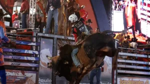 Fotografia colorida que mostra um peão em plena ação na arena durante o rodeio em touros. O competidor, vestindo capacete branco e camisa vermelha e preta, aparece montado no touro marrom no momento exato do salto. Ao fundo, equipes do evento, público e painéis de patrocinadores completam o cenário da Arena João Potero.