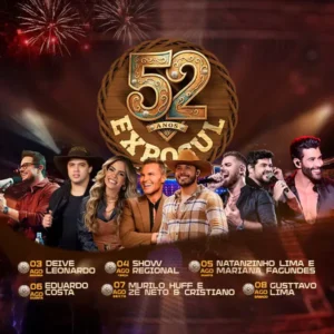 Um cartaz promocional colorido para a "52ª Exposul", celebrando 52 anos. No topo, fogos de artifício estouram sobre um estádio. O centro apresenta um grande logotipo de madeira ornamentado com o número "52" em dourado, cercado por uma moldura de corda e o texto "ANOS EXPOSUL". Abaixo do logotipo, há um grupo de artistas musicais proeminentes: o pastor Deive Leonardo, a cantora Mariana Fagundes e os cantores sertanejos Eduardo Costa, Murilo Huff, Zé Neto, Cristiano e Gusttavo Lima. Todos os artistas estão sorrindo e olhando para a câmera. Na parte inferior, há uma programação detalhada para os dias 3 a 8 de agosto: 3 de agosto: Deive Leonardo; 4 de agosto: Show Regional; 5 de agosto: Natanzinho Lima e Mariana Fagundes; 6 de agosto: Eduardo Costa; 7 de agosto: Murilo Huff e Zé Neto & Cristiano; 8 de agosto: Gusttavo Lima. Cada data tem um pequeno ícone de madeira ao lado e o dia da semana abreviado. O fundo é escuro, enfatizando as luzes do estádio e os fogos de artifício.