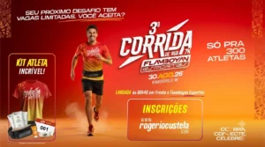 Uma imagem promocional horizontal para a "3ª Corrida de Rua 7K Flamboyan Esportes", que acontecerá em Rondonópolis-MT no dia 30 de agosto de 2026. A imagem tem um fundo degradê de vermelho para laranja e apresenta um corredor sorridente no centro, vestindo a camiseta vermelha da corrida e uma pochete esportiva. No canto superior esquerdo, o texto diz: "SEU PRÓXIMO DESAFIO TEM VAGAS LIMITADAS, VOCÊ ACEITA?". No canto superior direito, o texto diz: "SÓ PRA 300 ATLETAS". O logotipo principal da corrida está no centro-direito. Abaixo do corredor, o texto informa a largada: "LARGADA às 06h40 em frente a Flamboyan Esportes". No canto inferior esquerdo, um quadro com o título "KIT ATLETA INCRÍVEL!" mostra uma camiseta da corrida e a pochete esportiva. No canto inferior direito, um quadro com o título "INSCRIÇÕES" fornece o site: "www..rogeriocustela.com.br". No canto inferior direito, o slogan "CORRA, CONECTE, CELEBRE". A imagem é focada nas informações da corrida e na representação do kit e do corredor.