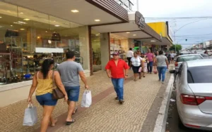 Foto colorida, ao nível dos olhos, de uma calçada de paralelepípedos e arenito em uma rua comercial na cidade de Rondonópolis, Mato Grosso. Pessoas caminham em ambas as direções, algumas carregando sacolas de compras. No lado esquerdo, uma fileira de lojas comerciais com fachadas de vidro exibe calçados e outros produtos. O primeiro plano é dominado por um casal que caminha para a frente, a mulher com blusa amarela de alcinhas, saia jeans e uma bolsa marrom, e o homem com camisa cinza e bermuda jeans, ambos segurando sacolas brancas. À direita, um homem com camisa polo vermelha, calça jeans azul e chapéu vermelho caminha em direção oposta. Outros pedestres estão mais ao fundo. À direita, carros, incluindo um hatchback prata e um sedan prata, estão estacionados paralelamente à calçada, e mais carros podem ser vistos em movimento na rua ao fundo. A fiação elétrica está presente no topo da imagem. O céu está nublado. A imagem está focada nas pessoas e nas fachadas das lojas, com o fundo da rua e os carros em desfoque gradual.