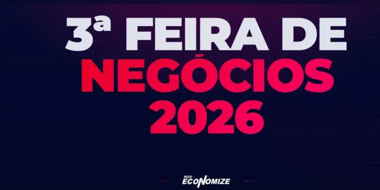 Imagem promocional de fundo roxo-escuro e azul-marinho com grafismos concêntricos discretos. Ao centro, lê-se em destaque o texto "3ª FEIRA DE NEGÓCIOS 2026", sendo as palavras "3ª FEIRA DE" na cor branca e "NEGÓCIOS 2026" na cor rosa-magenta. Na parte inferior central, surge o logótipo oficial da "REDE ECONOMIZE" em letras brancas.
